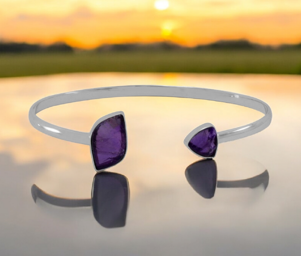 925 Sterling Silver Rough Cut Amethyst Cuff Bracelet