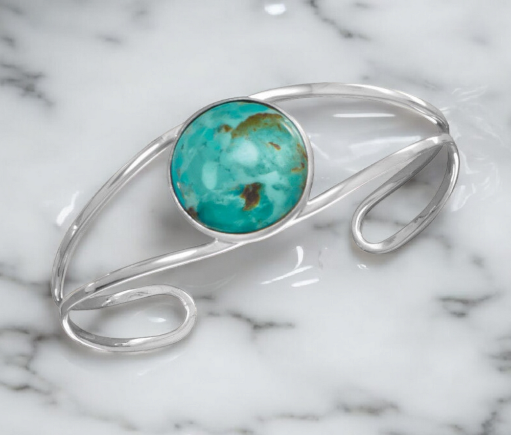 925 Sterling Silver Open Band Simulated Turquoise Cuff Bracelet