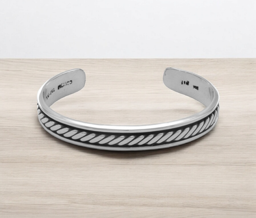 925 Sterling Silver Oxidized Mens 10mm Cuff Bracelet With Rope Design
