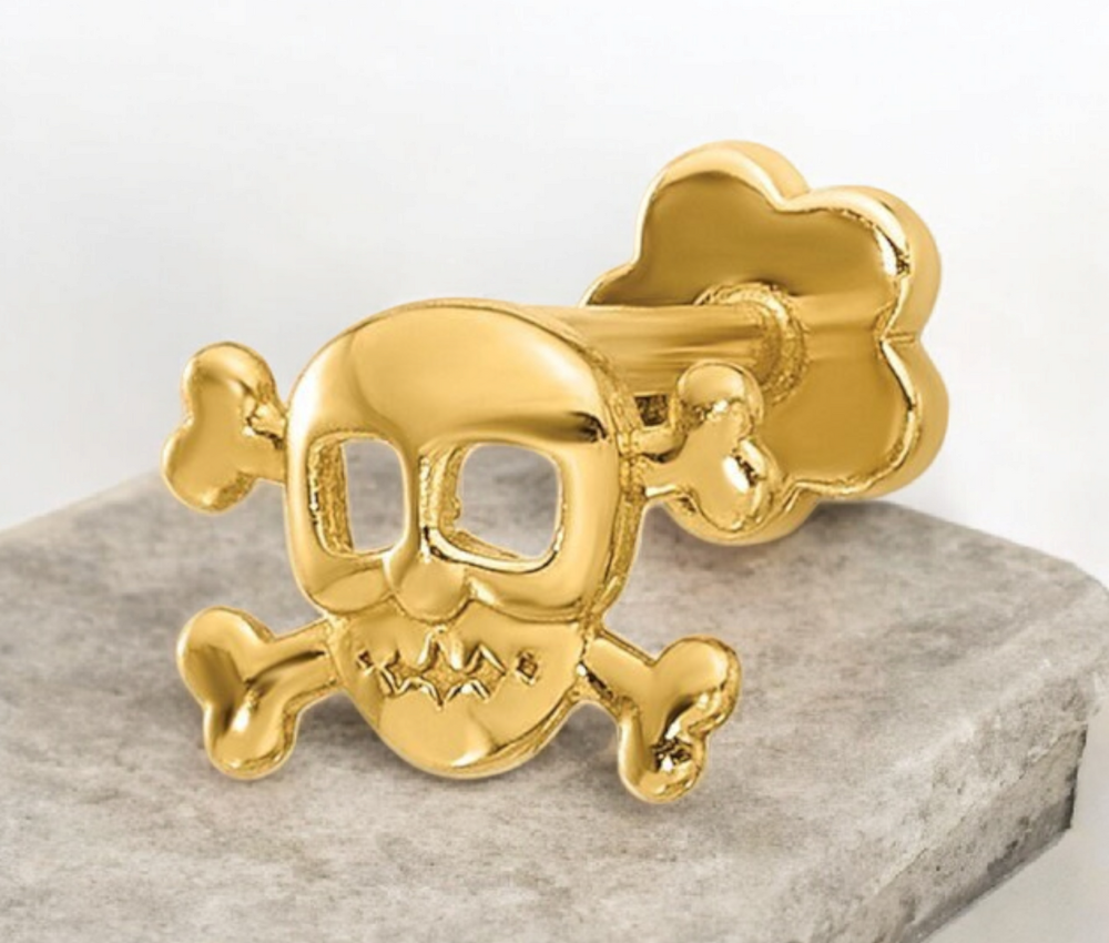 14k Yellow Gold 18G Skull and Bones Cartilage Flat Back Piercing