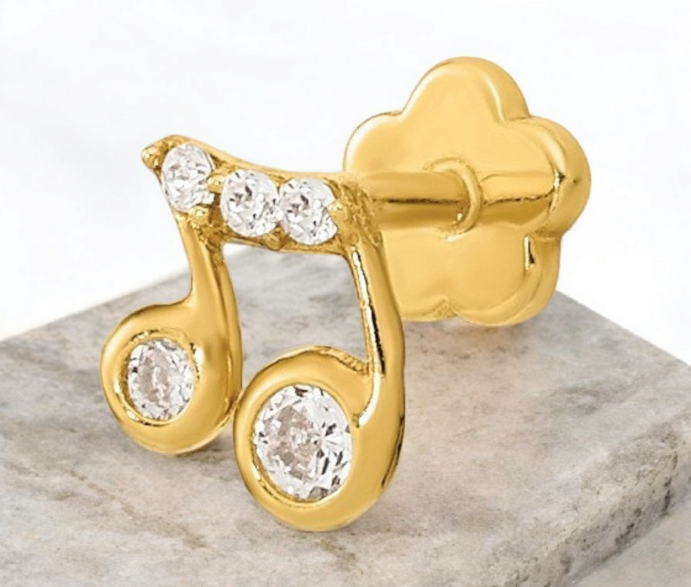14k Yellow Gold 19G Cubic Zirconia Musical Note Cartilage Flat Back Piercing