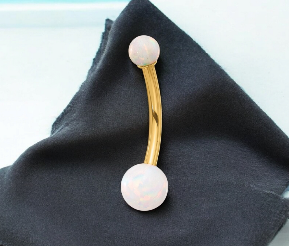 14k Yellow Gold 14G Double Simulated Opal Navel Belly Ring - 22.25mm - Belly Ring Gold - Hypoallergenic Piercing