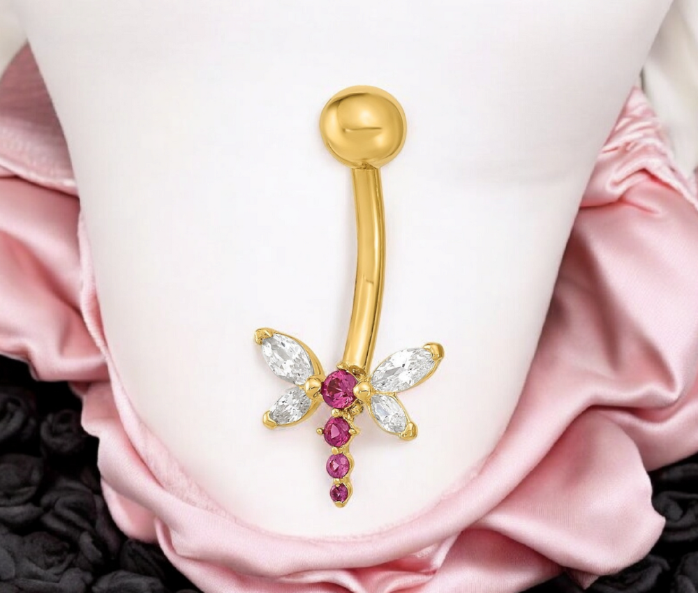14k Yellow Gold 14G Dragonfly Red Cubic Zirconia Belly Navel Ring