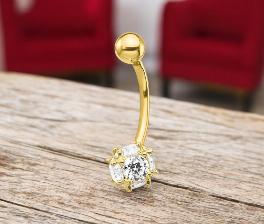 10k Yellow Gold Cubic Zirconia Disco Ball Dangle Belly Ring