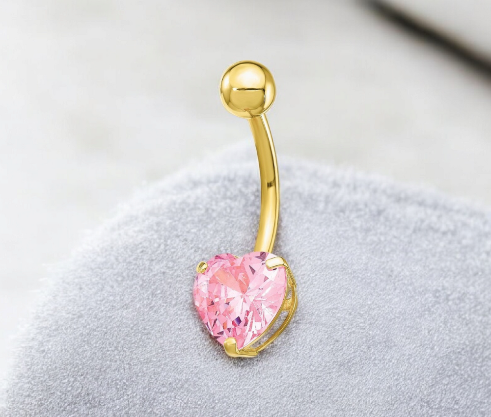 10k Yellow Gold Pink Cubic Zirconia Heart Dangle Belly Ring - 8mm