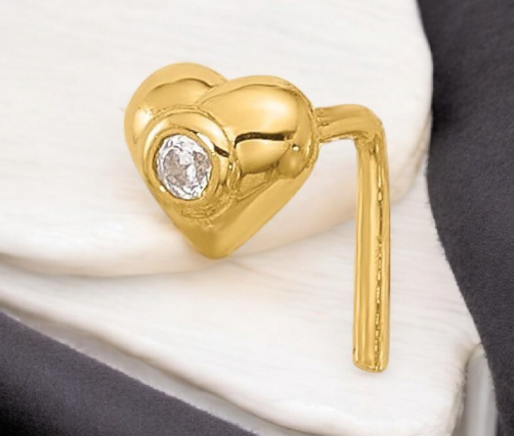 14k Yellow Gold 22G  Cubic Zirconia Heart Nose Stud Ring