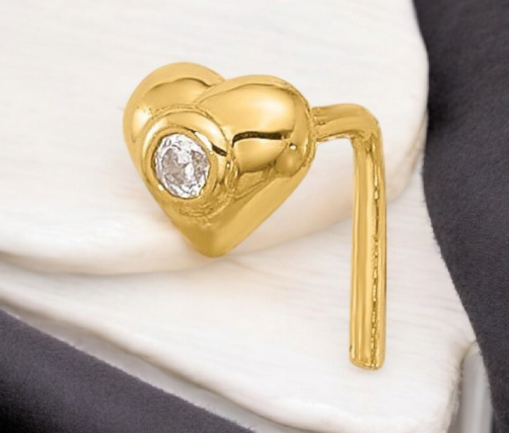 14k Yellow Gold 22G  Cubic Zirconia Heart Nose Stud Ring - 3.7mm