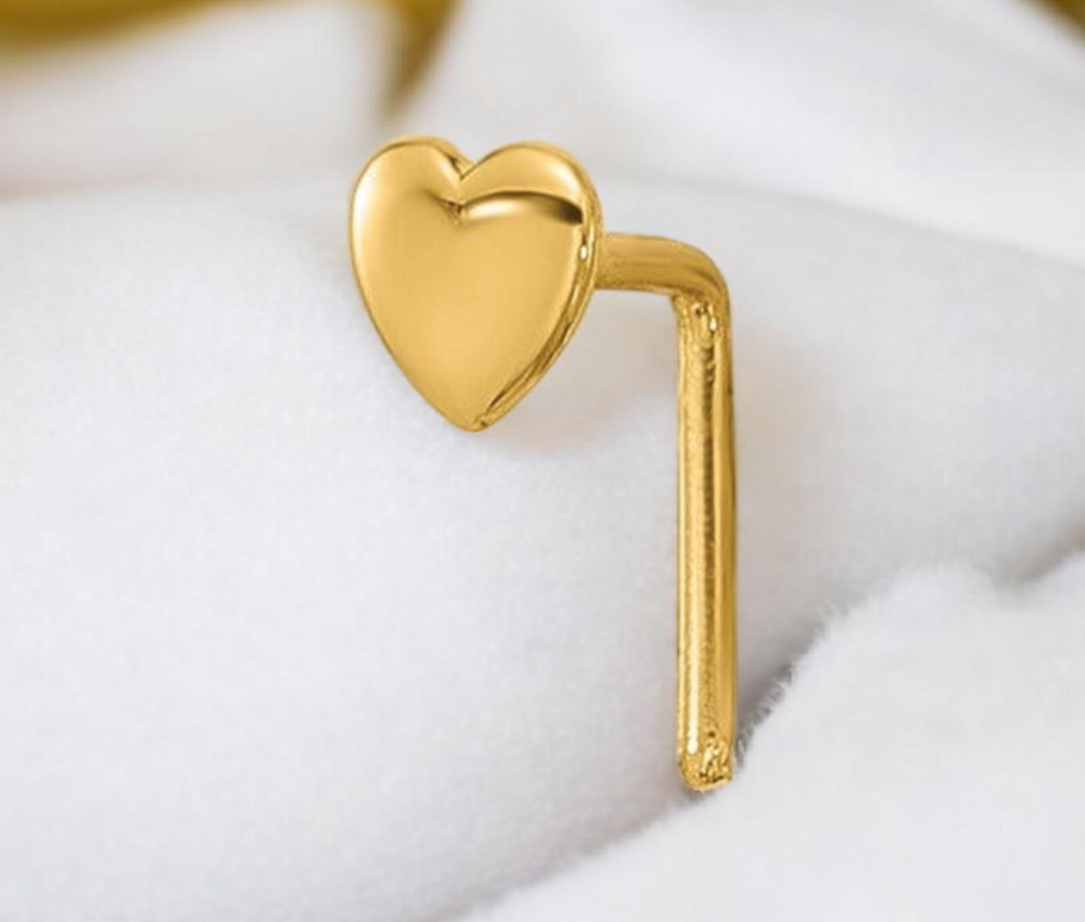 14k Yellow Gold 22G Polished Heart Bent Nose Stud - 2.5mm