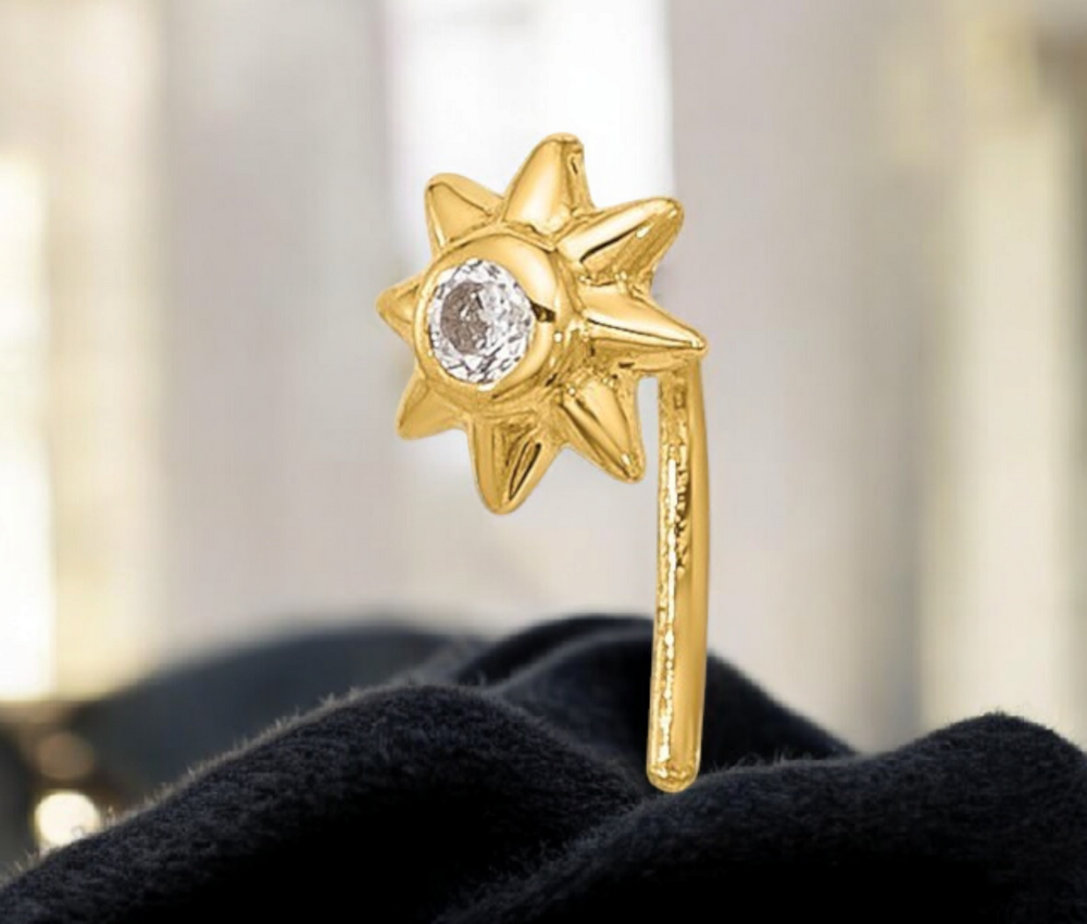 14k Yellow Gold 22G Cubic Zirconia Sun Nose Stud Ring