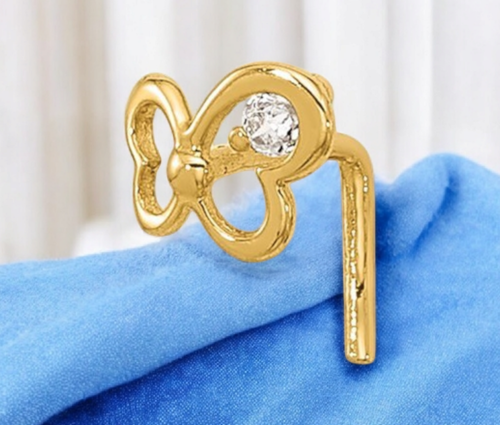 14k Yellow Gold 22G Cubic Zirconia Butterfly Nose Stud Ring
