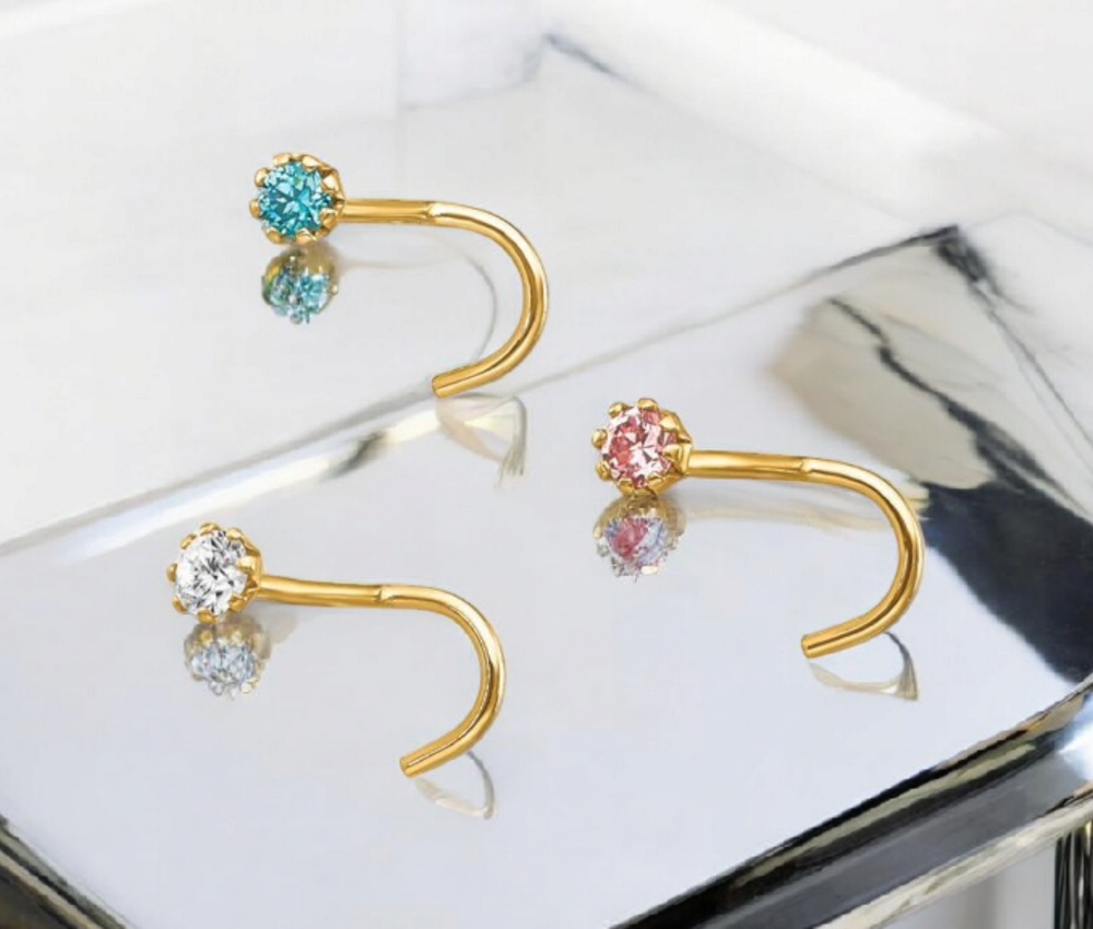 10k Yellow Gold Set Of 3 Pink, Blue and Clear Cubic Zirconia Nose Studs