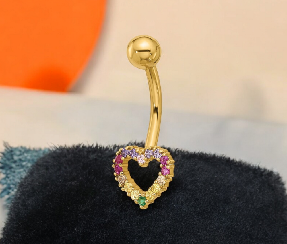 14k Yellow Gold 14g Rainbow Cubic Zirconia Heart Belly Navel Ring - 23.5mm - Heart Belly Ring - Hypoallergenic