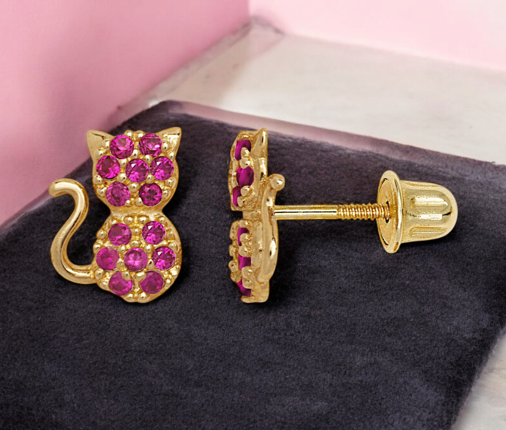 Solid 14k Gold Clear, Pink or Red CZ Sitting Cat Screw Back Stud Earrings - 6x8mm - Cute Earrings for girls - Earrings for cat lovers