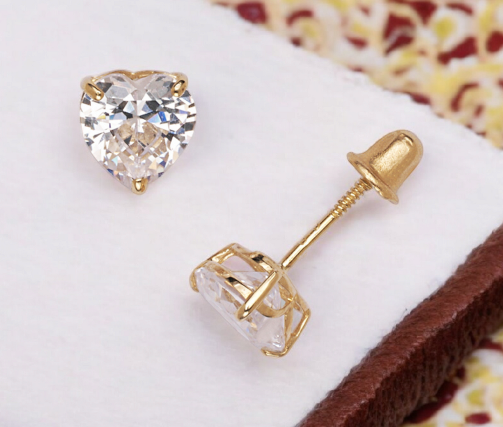 14k Yellow Gold Love Heart shaped CZ Cubic Zirconia Simulated Diamond Screw Back Stud Earrings (4 6mm) Jewelry Gifts for Women in