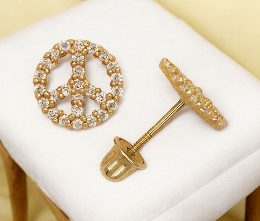 Solid 14k Gold Cubic Zirconia CZ Peace Sign Screw Back Stud Earrings (7mm)  peace sign earrings for women girls - diamond stud earrings