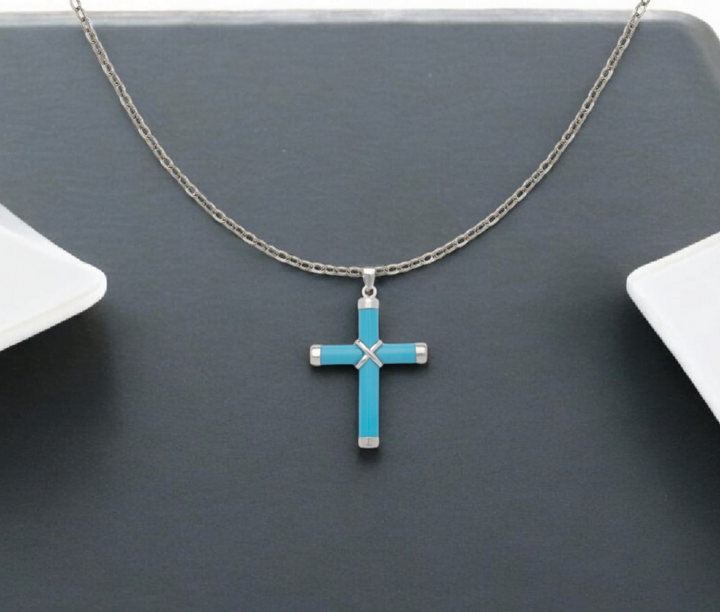 925 Sterling Silver Turquoise or Jade Cross Pendant Necklace - 16" and 25x35mm