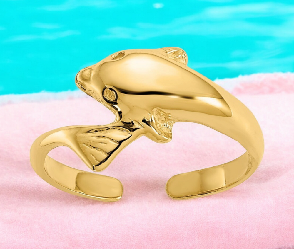 Solid 14k or 10k Yellow Gold Dolphin Toe Ring - Adjustable Toe Ring Women