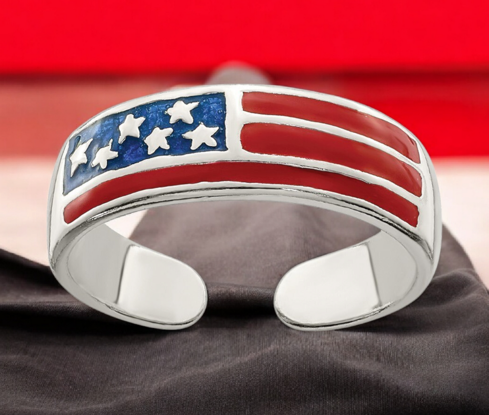 925 Sterling Silver Enameled American Flag Toe Ring - Adjustable Toe Rings for Women - Statement Toe Ring - Waterproof - Patriotic Toe Ring