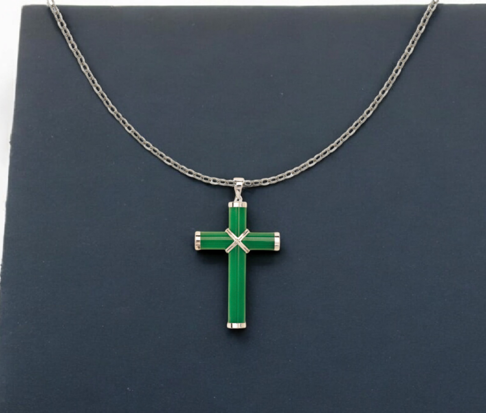 14k Yellow Gold Green Jade, Onyx, Lapis Cross Pendant Necklace - 16" and 20x35mm