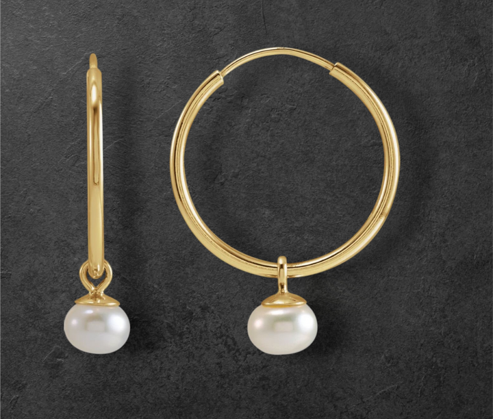 14k Yellow Gold 12mm or 15mm Endless Hoop with White Cultured Pearl Dangle Earrings