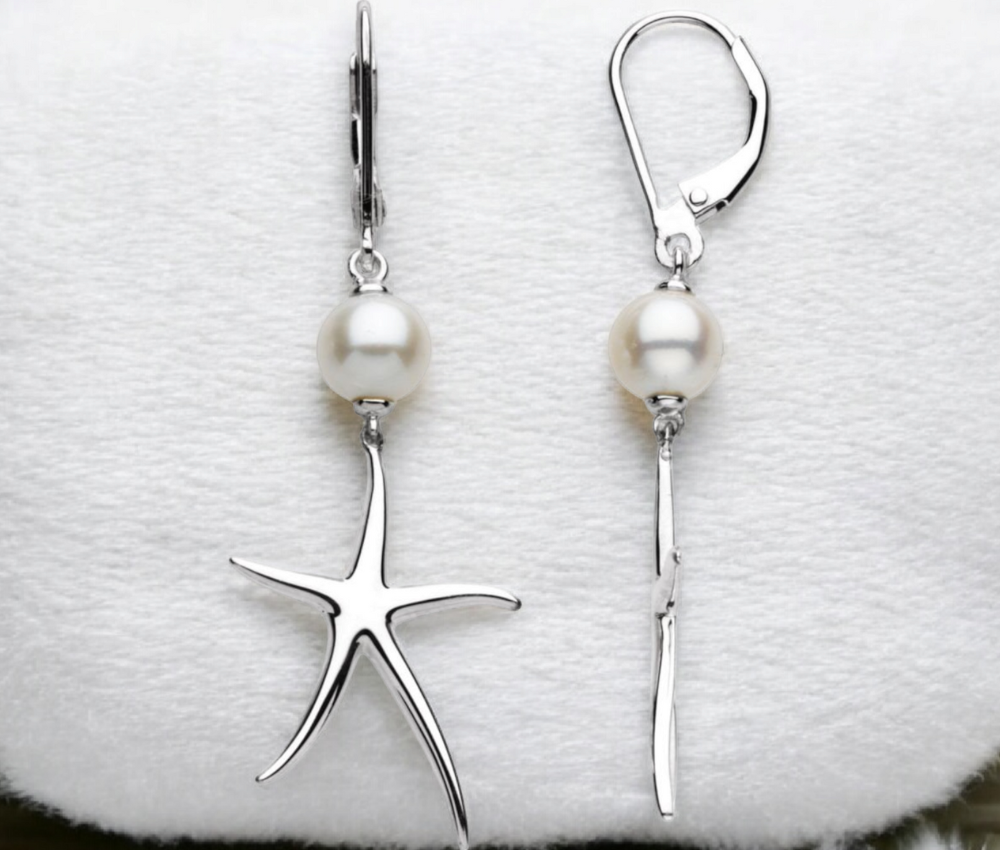 Sterling Silver Freshwater Cultured Pearl Starfish Lever Back Earrings - 19mmx55mm