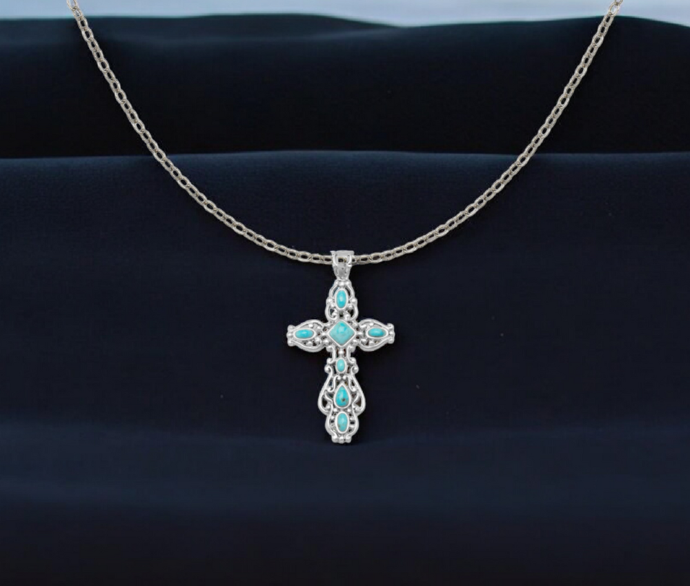 925 Sterling Silver Large Ornate Oxidized Simulated Turquoise Cross Pendant Necklace - 26x50mm