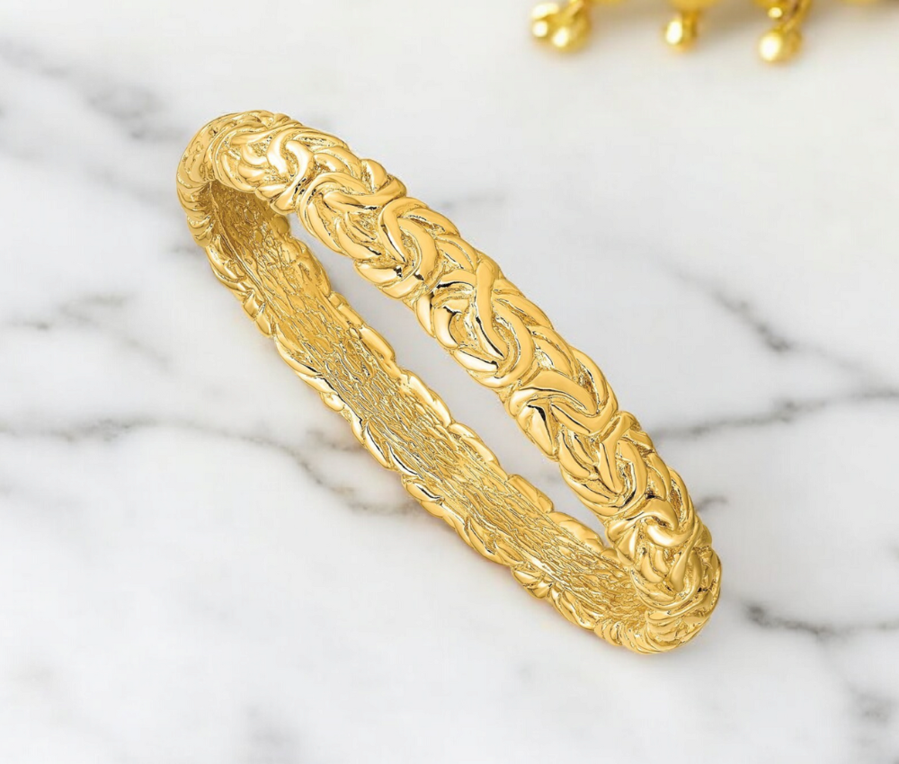 925 Sterling Silver Gold Plated Byzantine Slip-on Bangle Bracelet - 9.25mm