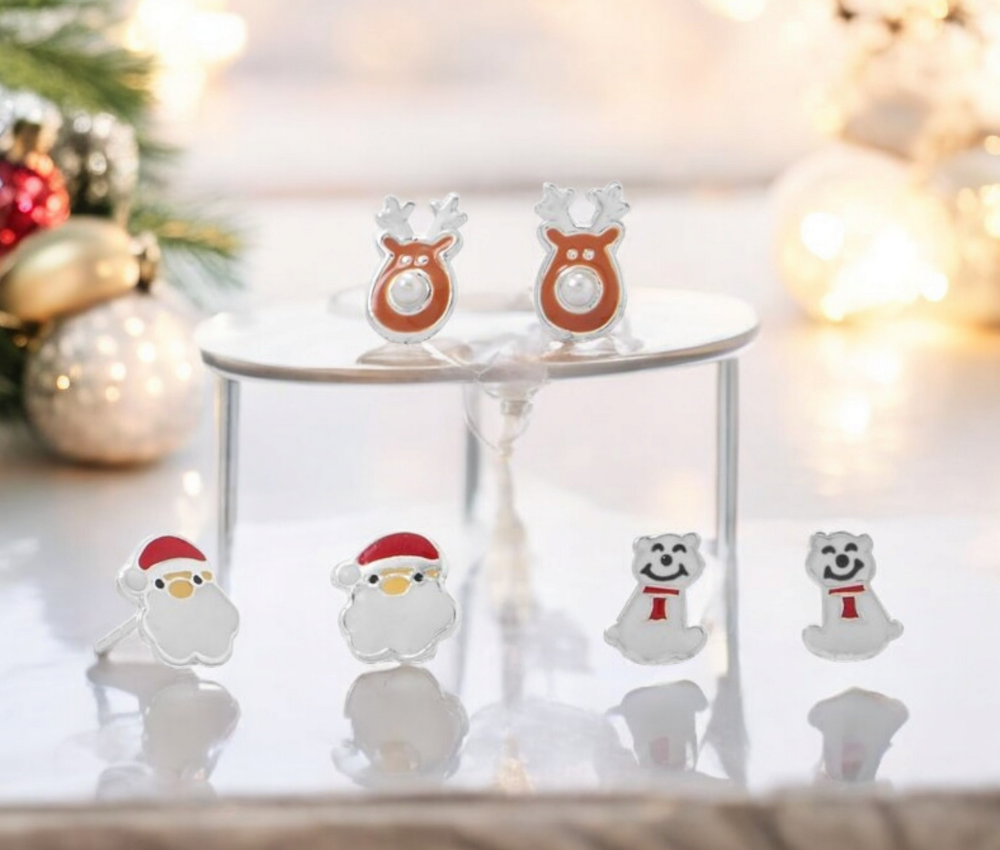 925 Sterling Silver Santa Reindeer and Polar Bear Earring Set -Christmas Earrings for Girls - Simulated Pearl