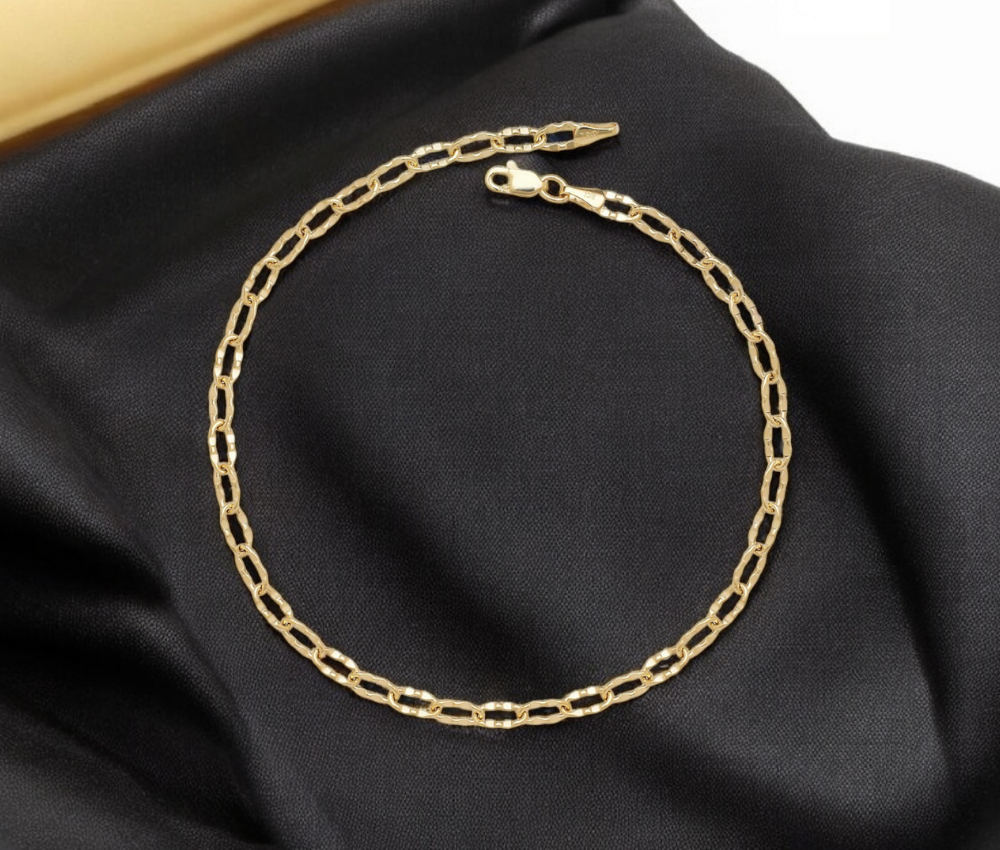 14k Gold Flat Hammered Oval Link Paperclip Chain Anklet - 4mm x 10"