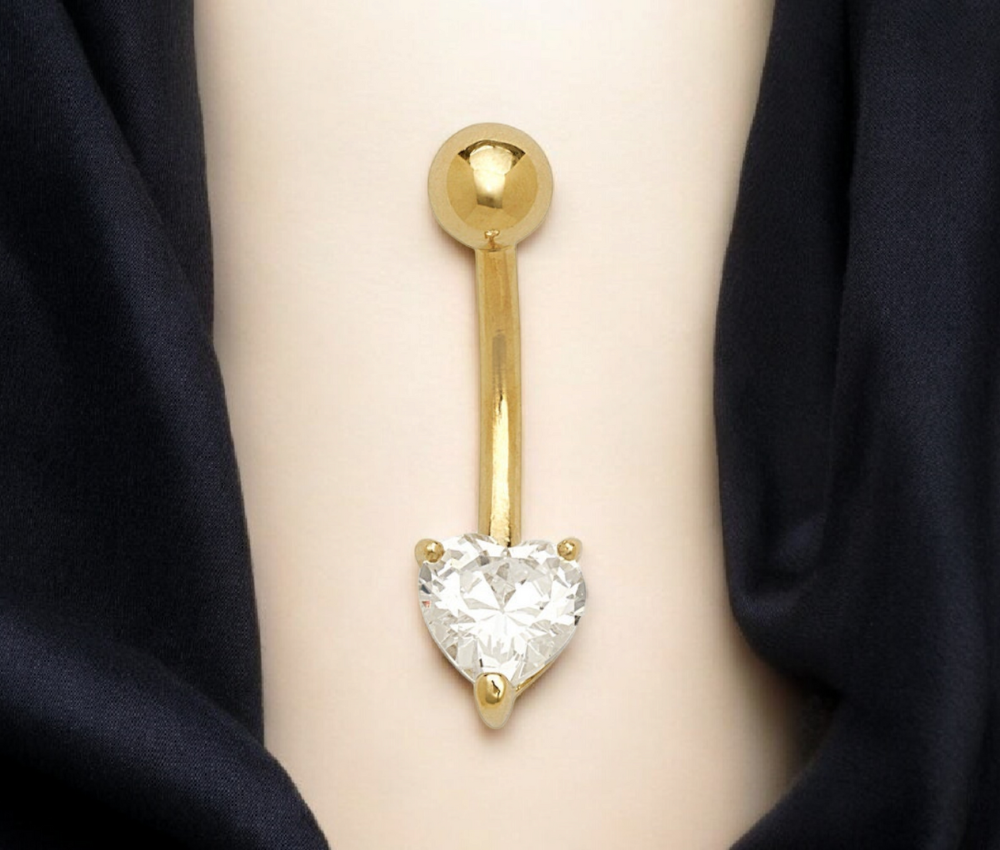 14k Yellow or White Gold Heart CZ Curved Barbell Dangle Belly Ring