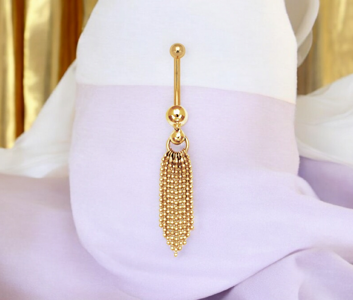 14k Gold 14G Tassel Bead Drop Body Jewelry Belly Ring - 10x50mm