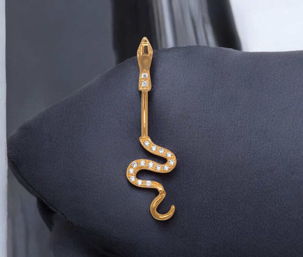 14k Yellow or White Gold 14G CZ Snake Drop Belly Ring