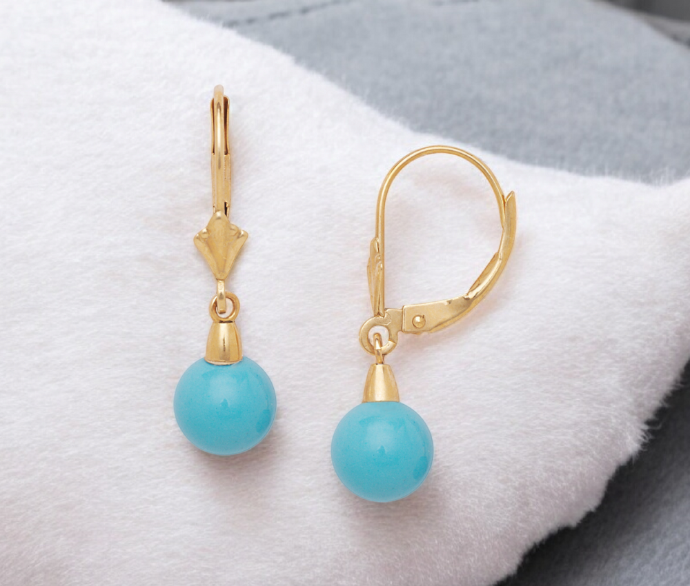 14k Yellow or White Gold Simulated Turquoise Gemstone Leverback Dangling Long Drop Dangle Earrings (white gold) Jewelry Gifts for Women in