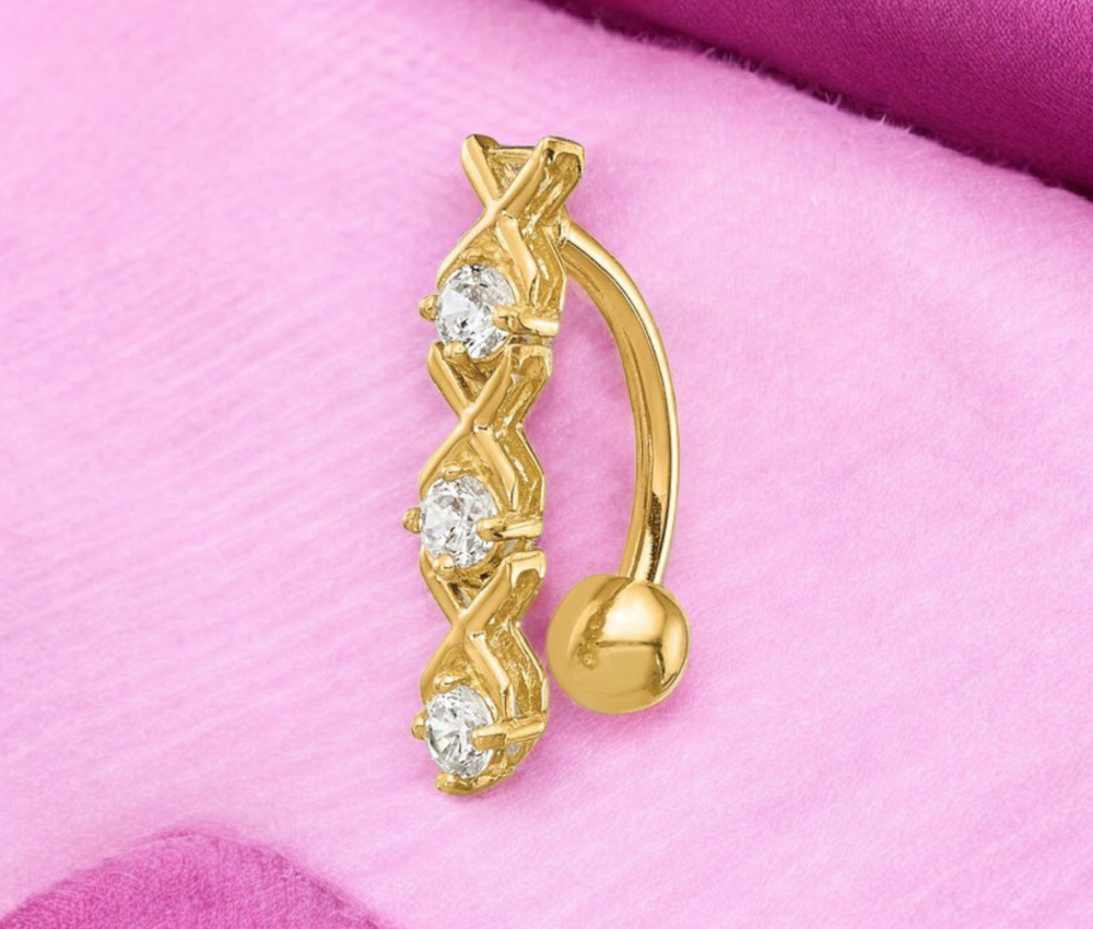 10k Yellow or White Gold CZ Hugs Kisses Drop Belly Ring