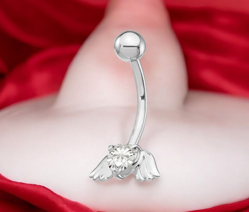 10k White Gold CZ Angel Wings Belly Ring
