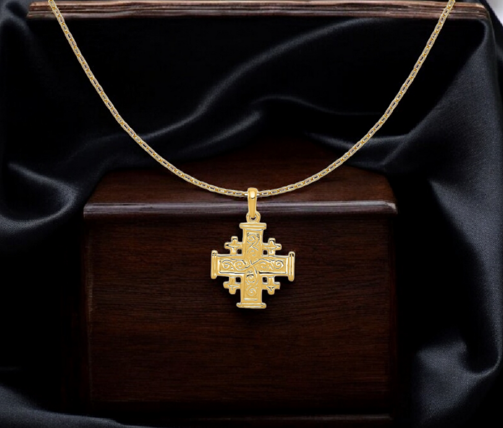 14k Yellow Gold Large Jerusalem Cross Pendant Necklace