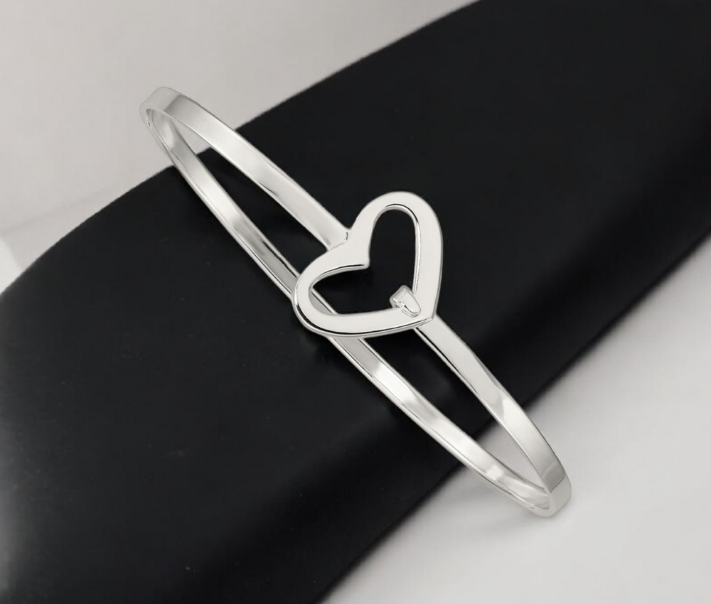 925 Sterling Silver Polished Sideways Heart Stackable Hook Bangle Bracelet