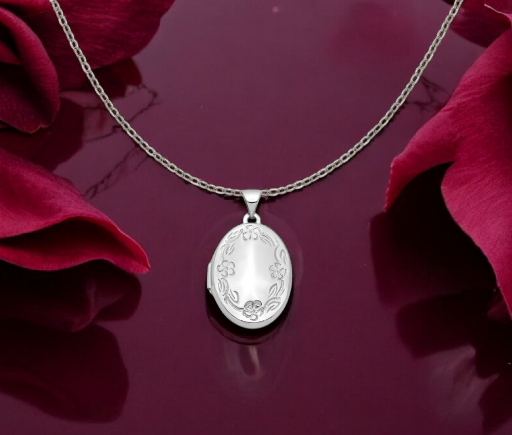 14k White Gold 21mm Polished Engravable 2 Photo Leaf Floral Scroll Border Locket Necklace