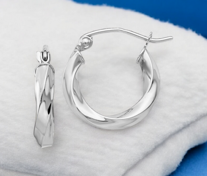 Solid 14k White Gold 3mm Twisted Hoop Earrings - 15mm, 19mm, 26mm 35mm