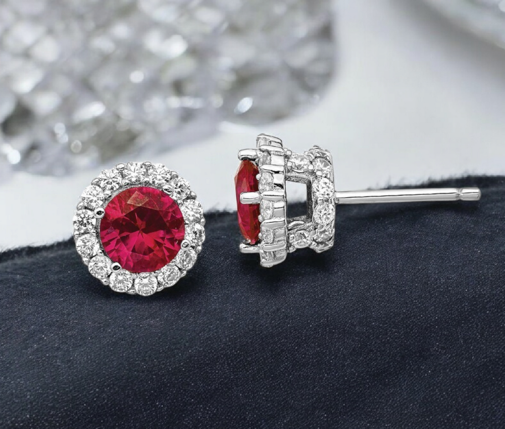 925 Sterling Silver Simulated Diamond and Lab Created Ruby Stud Earrings - 9.5mm - Red Ruby Earrings for Women  - Bridesmaids gift