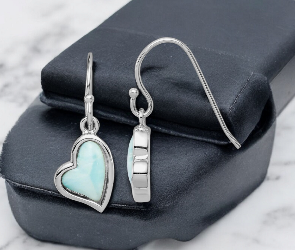 925 Sterling Silver Blue Larimar Heart Dangle Earrings 23x8mm - Gifts for her - Larimar earrings - heart drop earrings