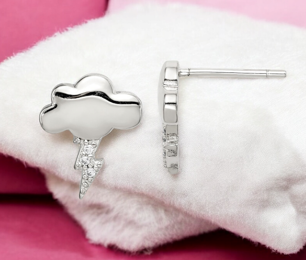 925 Sterling Silver Storm Cloud CZ Stud Earrings - 12.5x10.5mm - whimsical earrings for women girls - cute earrings for women