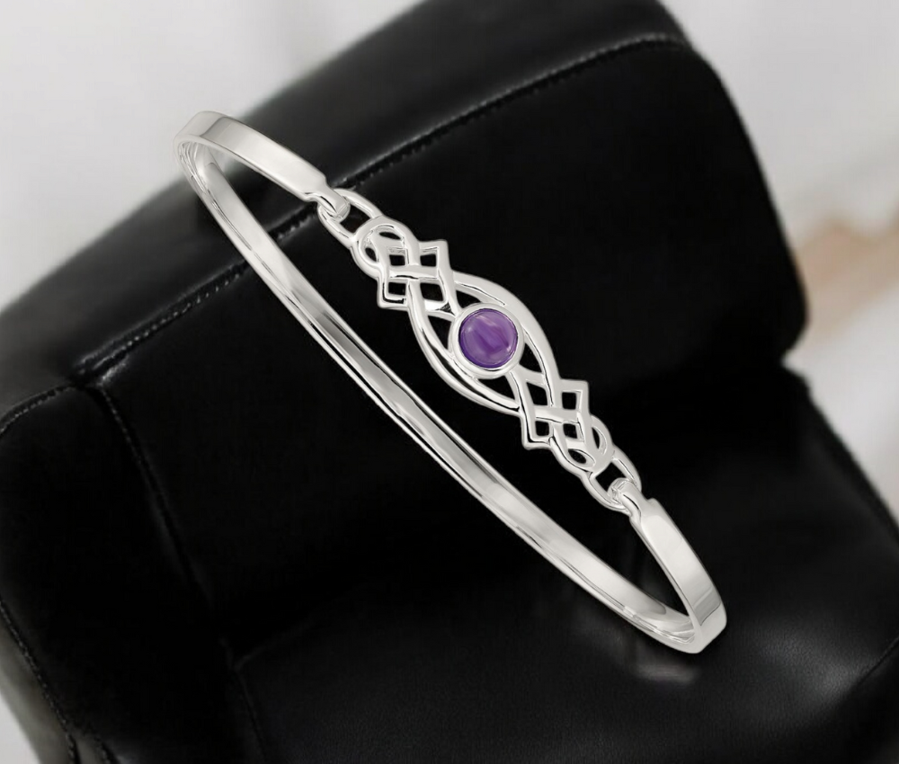 925 Sterling Silver Amethyst Celtic Slip-On Bangle Bracelet