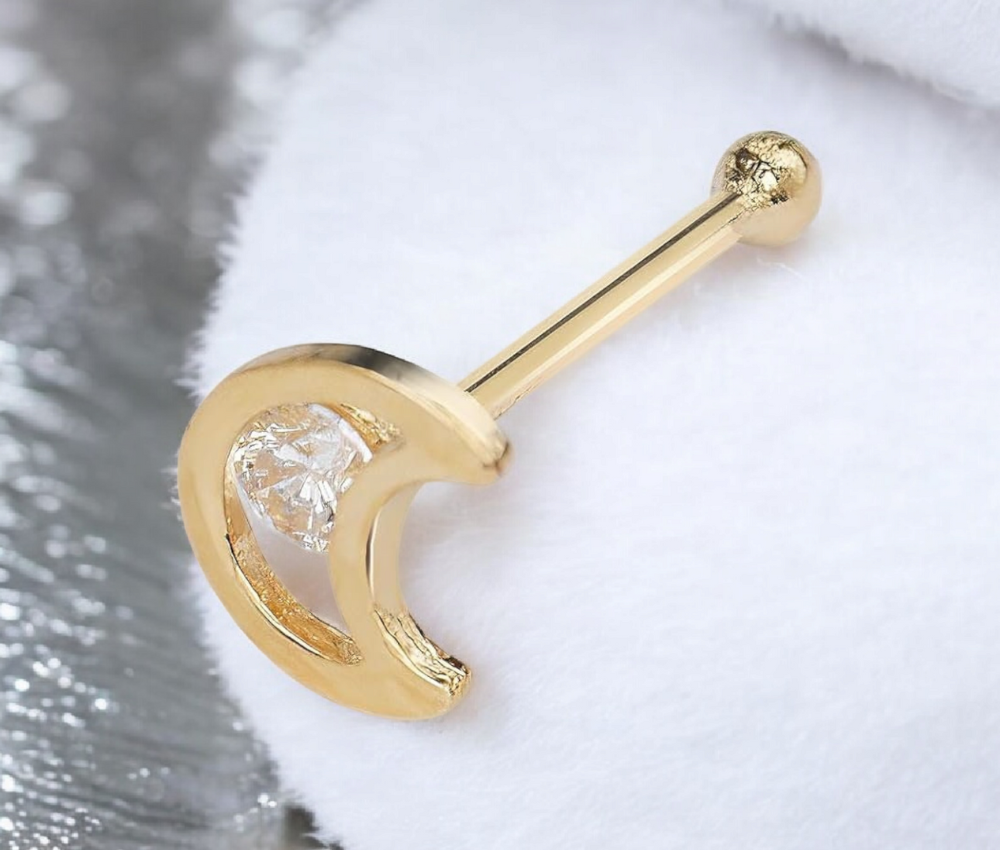 14k Real Yellow Gold 20G CZ Crescent Moon Nose Stud Ring - 5mm -