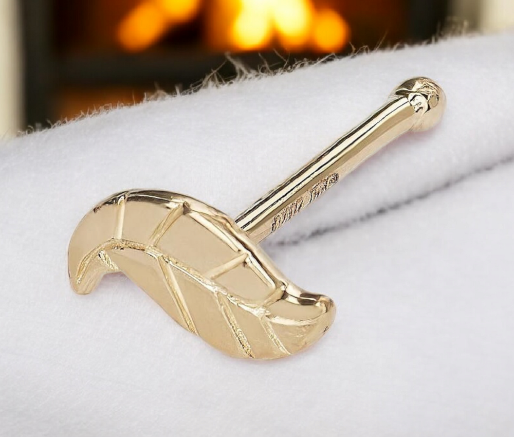 14k Yellow Gold 20G Textured Leaf Nose Stud Ring