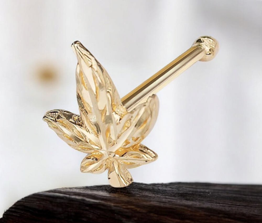 '- 14k Real Yellow Gold 20G Diamond-cut Cannabis Leaf Nose Stud Ring - 5mm