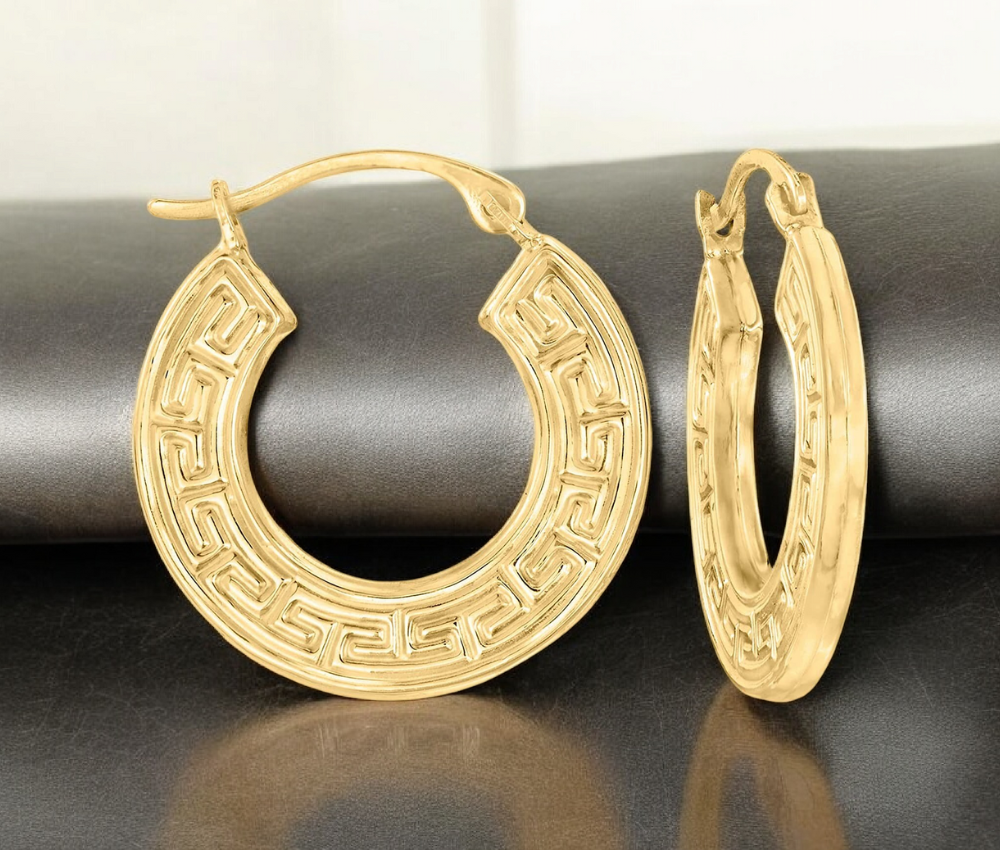 10k Yellow Gold Greek Key Hoop Earrings - 2mmx18mm