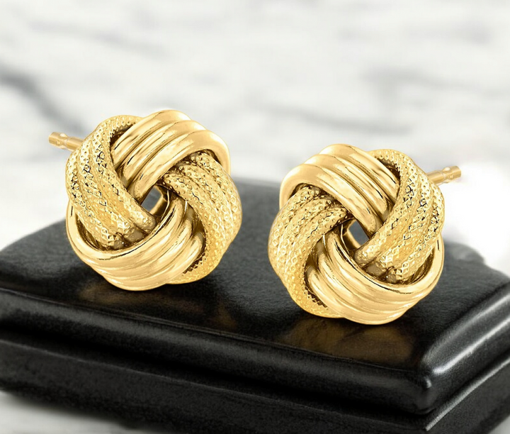 Large 14K Yellow Gold Three Row Knot Stud Earring Set - 12mm - Real Gold Statement Earrings - Gift for mom grandma - Hypoallergenic Earrings