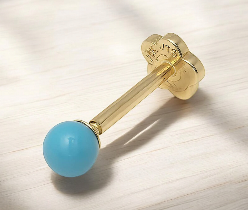 14k Yellow Gold 18G Created Blue Turquoise Labret Tragus Ear Lip Ring Cartilage Piercing