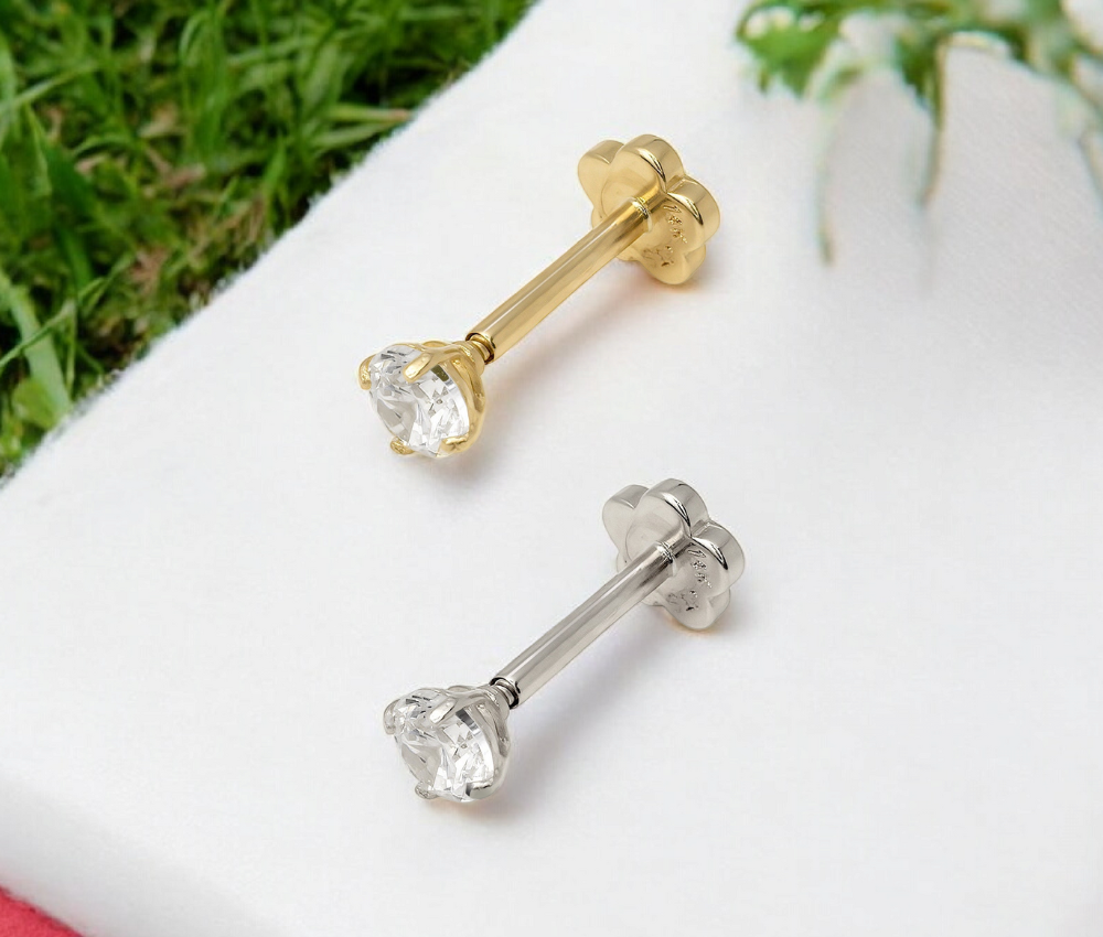 14k Yellow or White Gold 18G Cubic Zirconia Conch Tragus Helix Labret Cartilage Flat Back Piercing